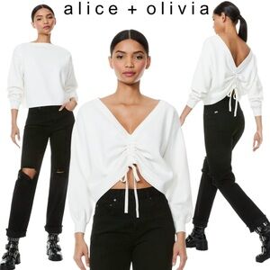 Alice + Olivia Wool Nora Reversible Boxy Pullover VNeck Sweater Cropped White XS